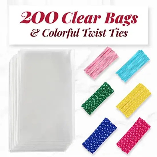 200 pack Clear Gift Bags for Favors, Cellophane Bags, 6x10 w/ 4" Twist Ties - Goodie Bags, Candy Bags, Cookie Bags for Gift Giving, Clear Treat Bags with Ties, Cellophane Treat Bags (200 Pack) {6}