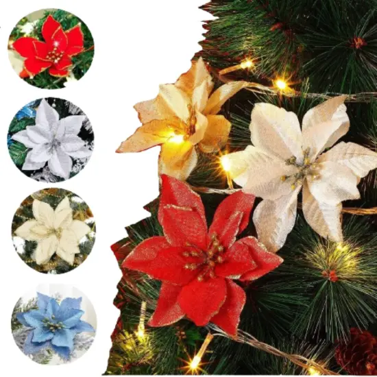 Kitcheniva Glittered Poinsettia Flowers Christmas Hanging Ornaments 5 Pcs Red {2}