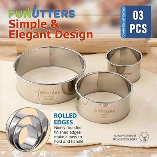 3 Pieces Cookie Cutter Set 2 3 4 INCH x 1.5 INCH,Round Metal Baking Rings for Pastry, Biscuits, and Dough Cutting, Heavy Duty and Reusable, Multiple Sizes {6}