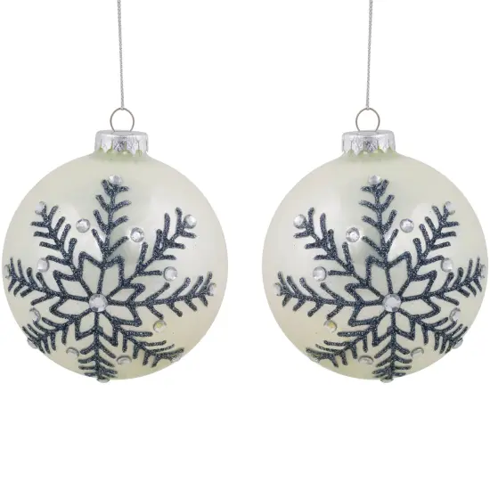 Northlight Glittered Snowflake Shiny Christmas Glass Ball Ornaments - 4" - White - Set of 2 {1}