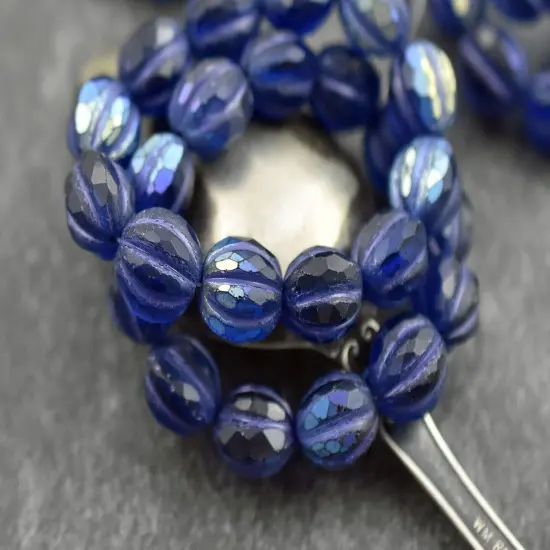 *12* 10mm Purple Washed Matte Pacific Blue AB Faceted Round Melon Beads {1}