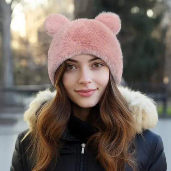 Wrapables Faux Fur Fluffy Bear Ears Winter Beanie Hat, Pink {4}