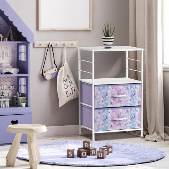 Sorbus Nightstand 2-Drawer Shelf Storage - Bedside Furniture & End Table Chest Dresser with Steel Frame, Wood Top & Easy Pull Fabric Bins for Home, Bedroom, Closets, Bathroom, Office & College Dorm Tie Dye Purple {4}