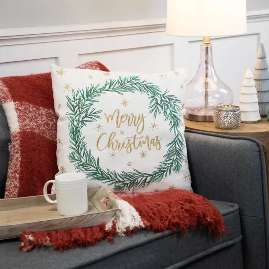 Northlight 18" Embroidered "Merry Christmas" Wreath Cotton Square Throw Pillow White {3}