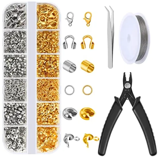 1200 Pieces Crimp Beads Kit for Jewelry Making, Crimp Beads, Covers, Tubes and Wire Guardians, Lobster Clasps, Jump Rings, Crimping Pliers and Beading Wire {1}