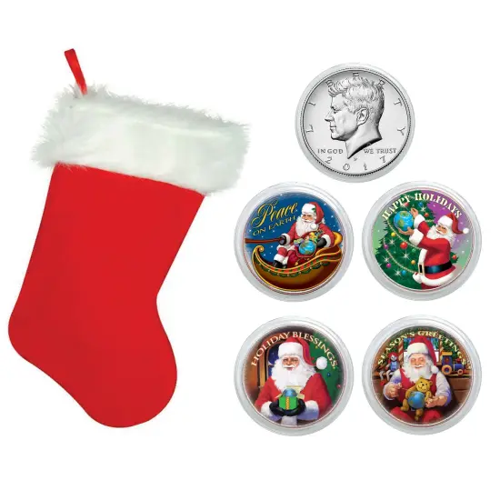 Santa Coin Collection In Christmas Stocking {1}