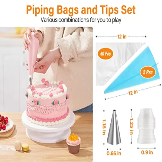 71 PCs Cake Decorating Supplies Kit with Cake Turntable, 12 Numbered Icing Piping Tips, 2 Spatulas, 3 Icing Comb Scraper, 50+2 Piping Bags, and 1 Coupler for Baking {6}