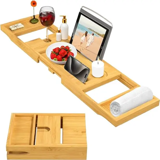 Bamboo Natural Wood Collapsible & Adjustable Bathtub Tray Table {1}