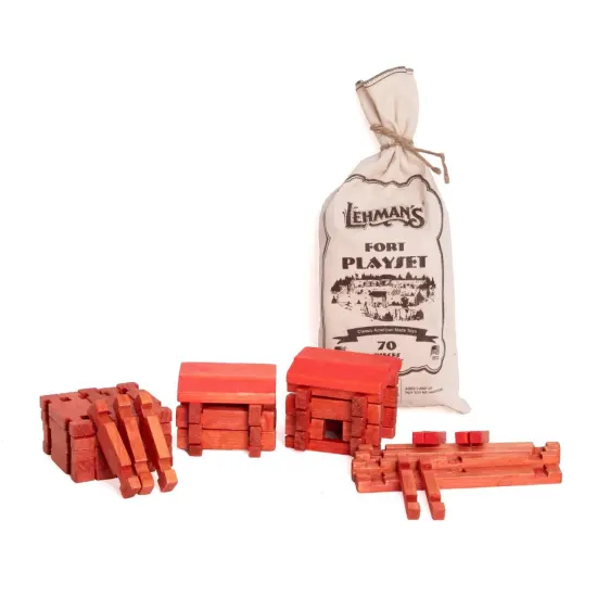 Lehman's Toy Log Fort Playset, Classic American Made Building Set, 70 Interlocking Wooden Pieces in Handy Storage Bag {1}