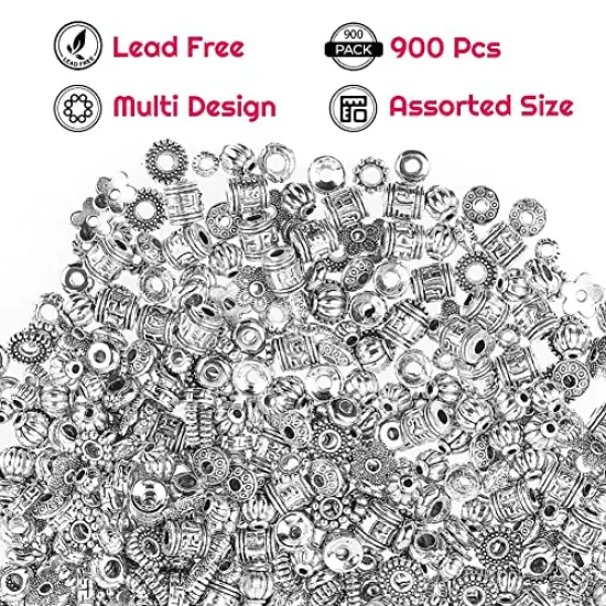 900 Pieces Metal Spacer Beads for Making Bracelet, Necklace, Jewelry Making and Findings Accessories, Silver {2}