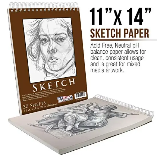 11" x 14" Top Spiral Bound Sketch Book Pad, Pack of 2, 30 Sheets Each, 90lb (160gsm) - Acid-Free Heavyweight Paper, Artist Sketching Drawing Pad - Pencils, Charcoal - Adults, Students {5}