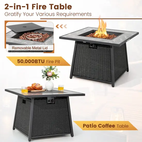 35 Inch Propane Gas Fire Pit Table Wicker Rattan with Lava Rocks PVC Cover-Black {5}