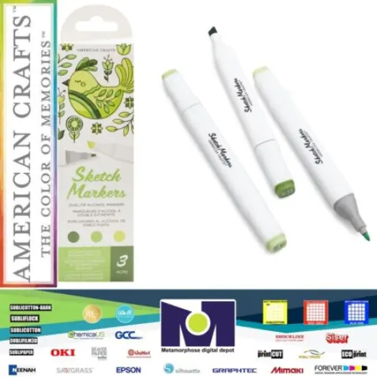 American Crafts - Sketch Markers Collection - Dual Tip - Chisel and Fine Point - Frosted Sage 3 Pack 34007542 {1}
