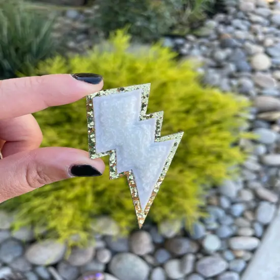 White Lightening Bolt Glitter Chenille Patch (self adhesive) {1}