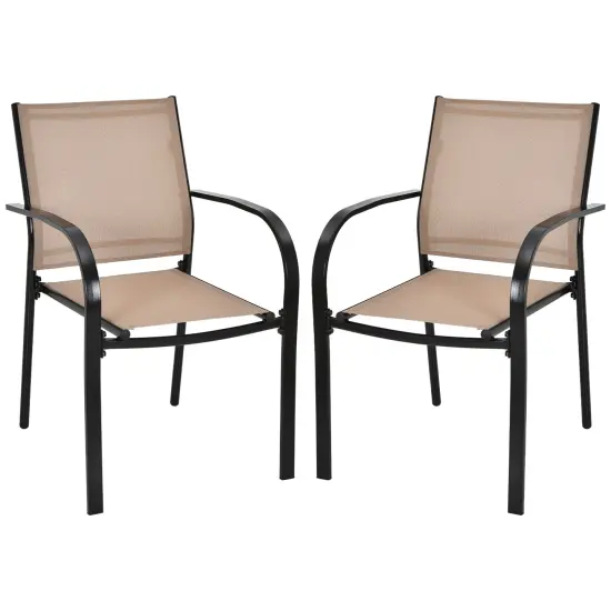 Set of 2 Patio Stackable Dining Chairs with Armrests Garden Deck-Brown {3}