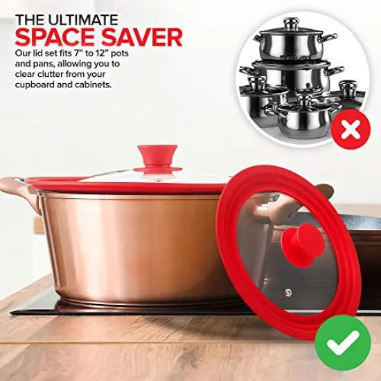 (Set of 2)Universal LidsFits 7 to 12-Inch Cookware, Silicone Replacement Pan Lid, Glass Top Covers for Skillets, Pots, Frying Pans, Cast Iron - Red {3}