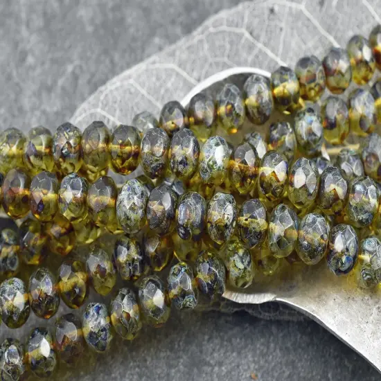 *31* 6x9mm Olivine Picasso Fire Polished Rondelle Beads {4}