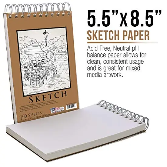 5.5" x 8.5" Top Spiral Bound Sketch Book Pad, Pack of 2, 100 Sheets Each, 60lb (100gsm) - Artist Sketching Drawing Pad, Acid-Free - Graphite Colored Pencils, Charcoal - Adults Students {5}