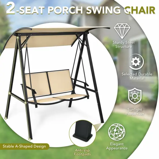 Outdoor Porch Steel Hanging 2-Seat Swing Loveseat with Canopy Beige {3}
