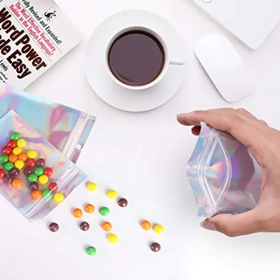 3x4 inch 100PCS Resealable Smell Proof Bags,Holographic Packaging Bags, Foil Pouch baggies, Clear Small Mylar Ziplock Bag for Jewelry,Candy,Food Storage and Party Favor {5}