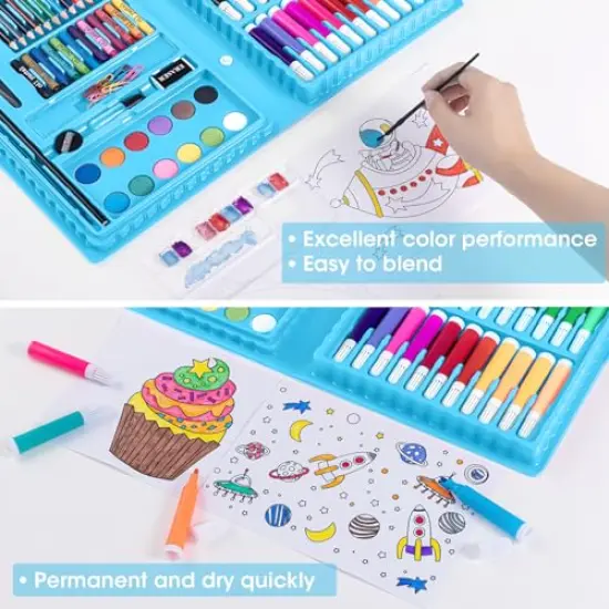 Art Kit, Drawing Painting Art Supplies for Kids Girls Boys Teens, Gifts Art Set Case Includes Oil Pastels, Crayons, Colored Pencils, Watercolor Cakes (Blue) {4}