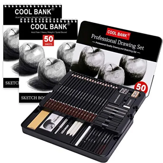 52 Piece Professional Drawing Set with 2 x 50 Page Drawing Pad, Art Supplies, Graphite Drawing Pencils and Sketch Set, Artist Sketching Tools in Tin Box Includes Charcoals,Pastels and Sharpener {2}