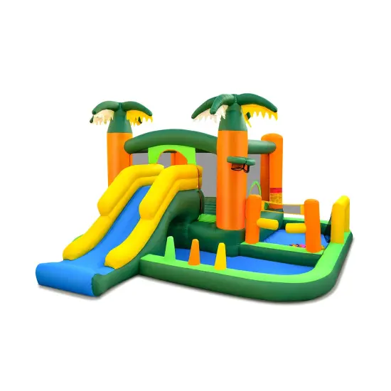8-in-1 Tropical Inflatable Bounce Castle with 2 Ball Pits Slide and Tunnel {1}