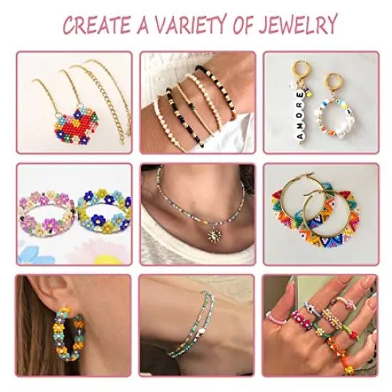 35000 pieces 2mm Glass Seed Beads for Jewelry Making Kit, 250pcs Alphabet Letter Beads, Tiny Beads Set for Bracelets Making, DIY, Art and Craft with Rolls of Elastic String Cord, Charms and Rings {2}