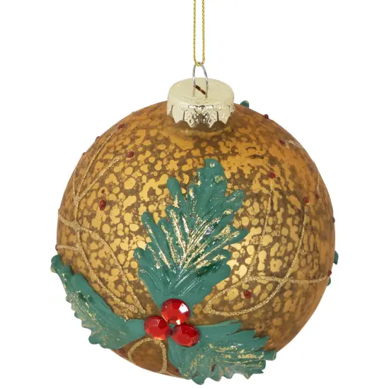 Northlight 4" Gold Holly Berry Mercury Glass Ball Christmas Ornament {5}