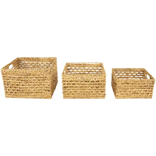 Northlight Set of 3 Diamond Weave Rectangular Water Hyacinth Baskets with Handles 17.75" Beige {1}