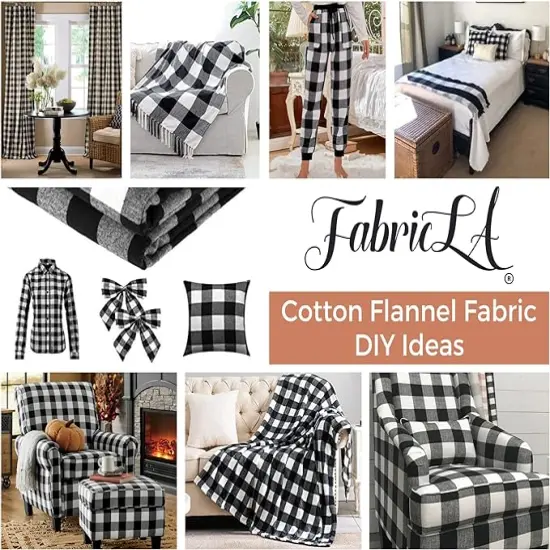 FabricLA 100% Cotton Flannel Fabric - 58/60" Inches (150 CM) - Cotton Tartan Flannel Fabric - Use as Blanket, Quilting, Sewing, PJ, Shirt, Cloth Flannel Craft Fabric - Black & White, 5 Continuous Yard {4}