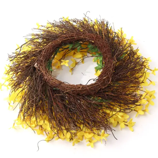 2-Pack: 16" UV Yellow Forsythia Wreath with Grapevine Ring by Floral Home&reg; {4}