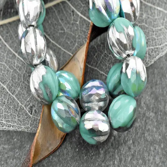*12* 10mm Silver Washed Turquoise AB Faceted Round Melon Beads {4}