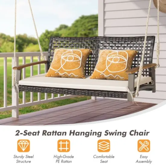 2-Person Rattan Hanging Porch Swing Chair Off White {3}