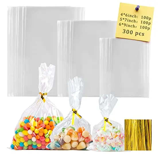 300 Pieces Cellophane Treat Bags with Ties, Clear Goodie/Gift Bags For Candy, Cookie, Party Favor, Packaging, 6X9 5X7 4X6 {1}