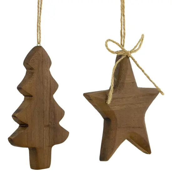 Northlight Tree and Star Wooden Christmas Ornaments - 5" - Brown - Set of 2 {5}