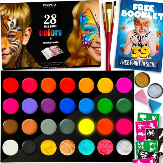 Face Painting Kit for Kids - Non-Toxic and Hypoallergenic Face Paint Kit with 28 Colors, Stencils, Book, and Professional Halloween Makeup Kit - Safe and Easy to Use Face Paint Kit for Kids {2}