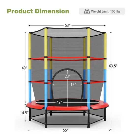 55 Inches Kids Trampoline Recreational Bounce Jumper with Safety Enclosure Net {4}