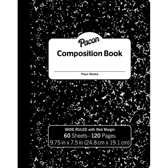 Composition Book, Black Marble, 3/8" Ruled w/Margin, 9-3/4" x 7-1/2", 60 Sheets, Pack of 12 {2}