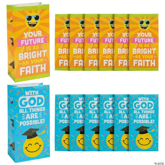 5 1/4" x 10" Religious Graduation Blue & Orange Paper Treat Bags - 12 Pc. {1}