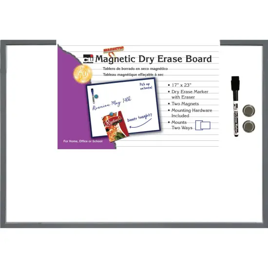 Magnetic Dry Erase Board, 17" x 23", w/Eraser/Marker and 2 Magnets, Gray Frame, 1 Each {1}