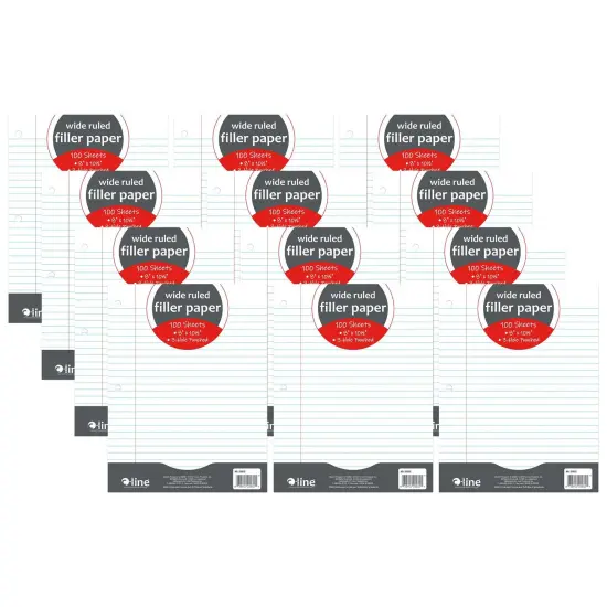 Filler Paper, Wide Ruled, 8" x 10-1/2", White, 100 Sheets Per Pack, 12 Packs {1}