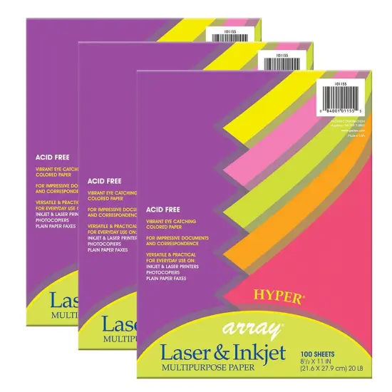 Hyper Multi-Purpose Paper, 5 Assorted Colors, 20 lb., 8-1/2" x 11", 100 Sheets Per Pack, 3 Packs {1}