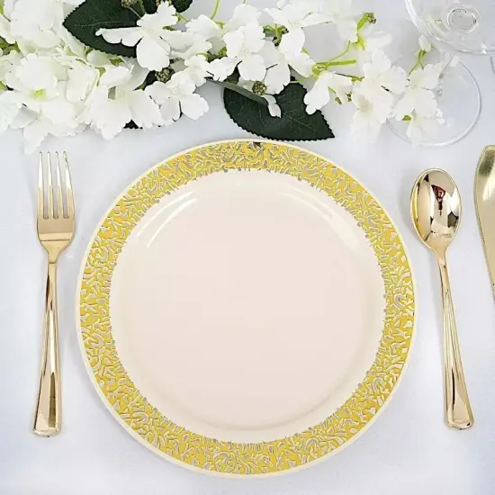 10 pcs Plastic IVORY with Gold Rim 10" PLATES Disposable {3}