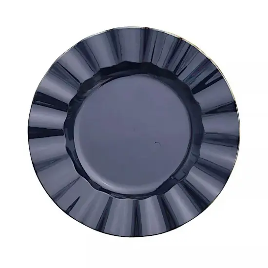 10 NAVY BLUE 11" Round PLASTIC Salad Dinner PLATES Gold Wavy Rim {1}