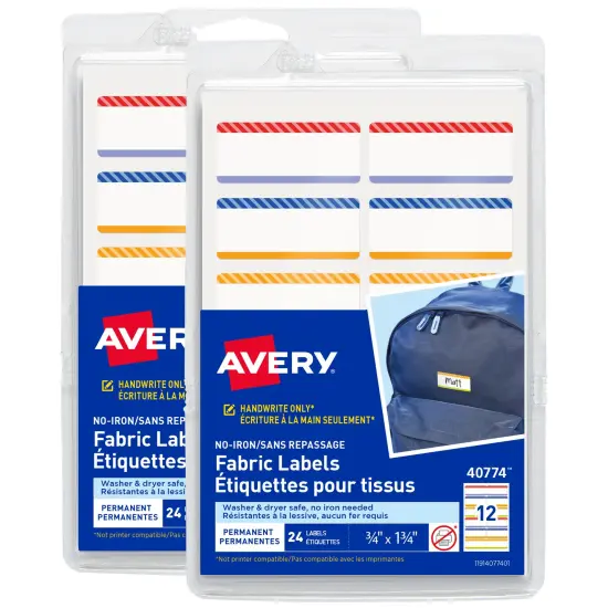 Avery No-Iron Fabric Name Labels, Playful Stripes Preprinted Designs, Handwrite-Only, 2-Pack, 48 Preprinted Labels (21959) {1}