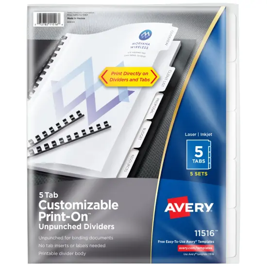 Avery Unpunched Customizable Print-On Dividers for Use with Custom Binding Systems or 3 Ring Binders, 5-Tab Set, 5 Sets (11516) {1}