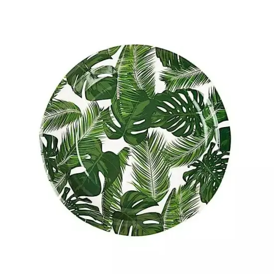 25 WHITE 7" Round Paper Plates with TROPICAL Leaves Design {1}