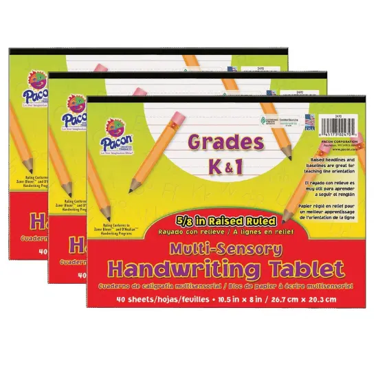 Multi-Sensory Raised Ruled Tablet, Tape Bound, 5/8" x 5/16" x 5/16" Ruled Long, 10-1/2" x 8", 40 Sheets, Pack of 3 {1}