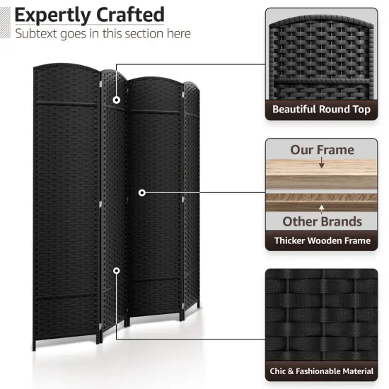 Sorbus 4 Panel Room Divider Panel, 6 ft. Tall Extra Wide Double Hinged Panels - Folding Privacy Screens Black {2}